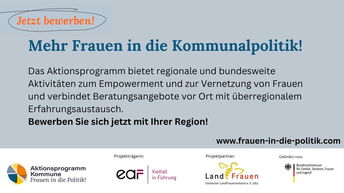 eaf_berlin's tweet photo. Mehr Frauen in die #Kommunalpolitik. Das #AktionsprogrammKommune bietet 1,5 Jahre regionale und bundesweite Aktivitäten zum #Empowerment und #Vernetzung von Frauen uvm, gef. vom @BMFSFJ Regionen können sich für die nächste Runde bewerben: https://t.co/3H4EYciObv https://t.co/izxHOd0gMR