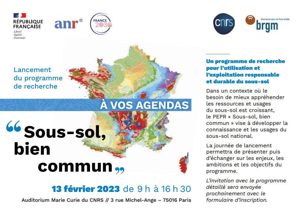 BRGM_fr's tweet photo. "Sous-sol, bien commun", c'est notre 2e PEPR !

A travers lui, c'est le chaînon français des #géosciences qui se mobilise pour développer la connaissance et les usages du sous-sol de notre pays.

Inscrivez-vous à la journée de lancement du 13 février : https://t.co/iOOqxNADCA https://t.co/ACvaG8ZMar