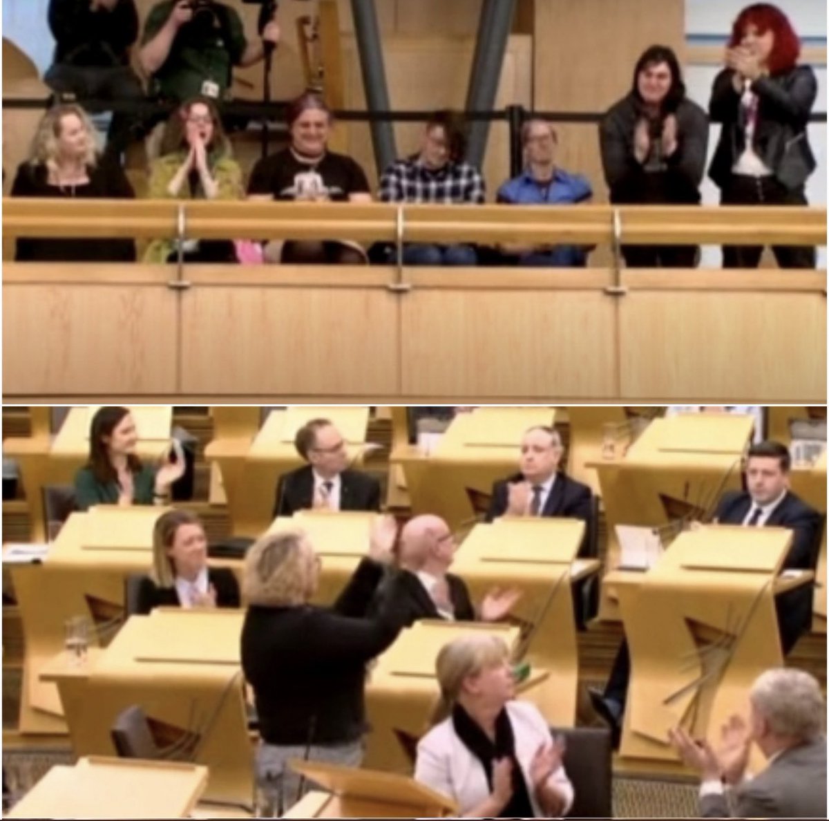 CallieMac009's tweet image. Well well well…
What have we here-it’s only the Equalities Minister, Christina McKelvie leading a standing ovation in parliament for an alleged violent male. The same minister who lost her shit because someone put a few ribbons on her office.🙄
#NotFitForPurpose