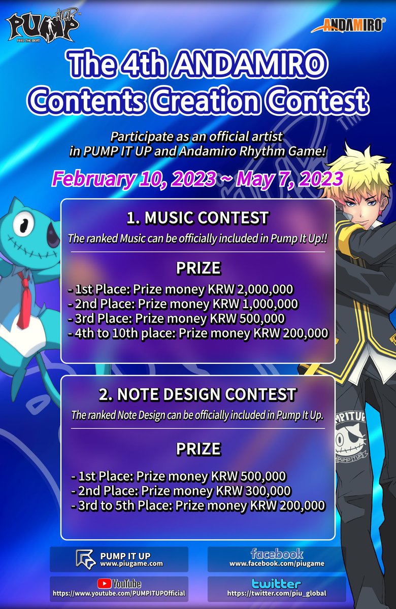 【New Announcement】
Hello, Pumpers!
The 4th Andamiro Content Creation Contes has begun.
For more information, 
please visit -> tinyurl.com/25kxq726
If you have any questions about the contest, please contact us at piugame.com.
Thank you.
#piu #pumpitup