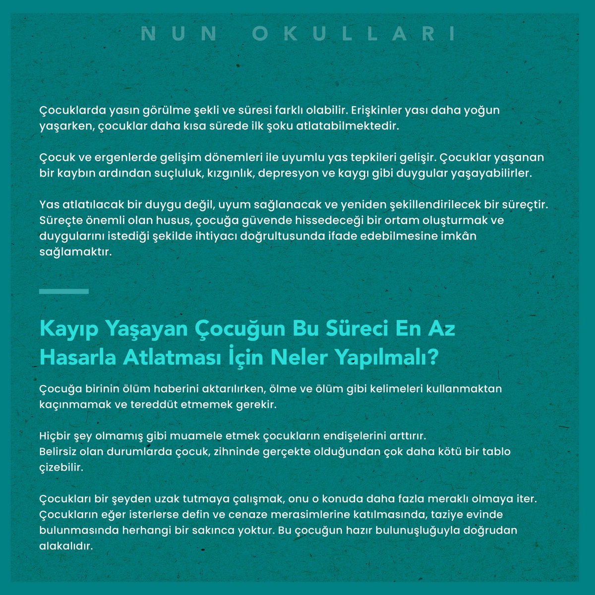NunOkullari's tweet photo. Okulumuz PDR zümresi tarafından hazırlanan Çocuğun Dünyasında Can Kaybı konulu makalenin tamamına ve Doğal Afet Sonrası
Etkileri Hafifletme ve İyileşme Süreçleri ile ilgili oluşturduğumuz diğer kaynaklara web sitemizden ulaşabilirsiniz. https://t.co/QClEBez5U4