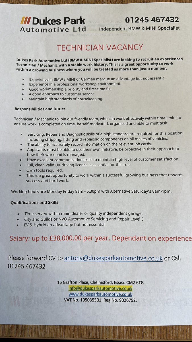 dukesparkauto's tweet photo. Technician Vacancy https://t.co/WfQ9bw4wK8