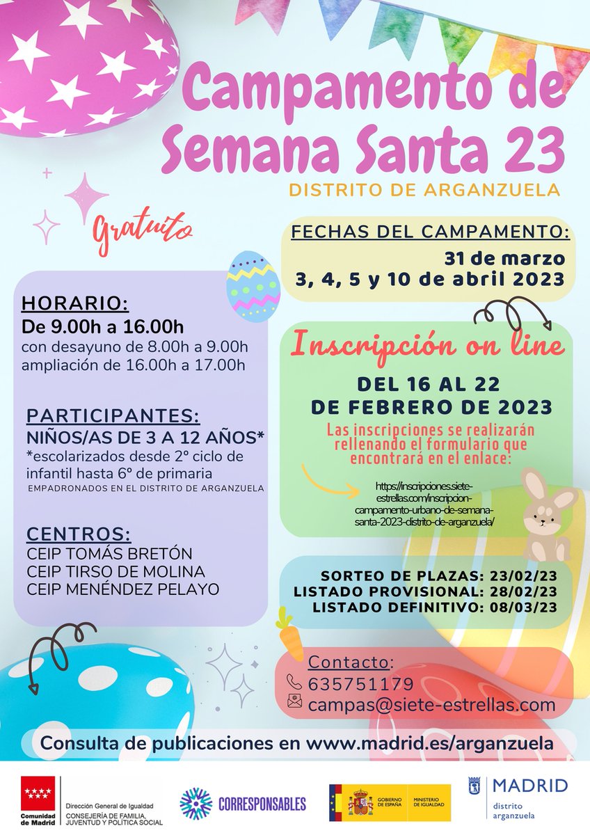 JMDArganzuela's tweet photo. 📌 #Campamentourbano de #SemanaSanta2023 del distrito #Arganzuela.
Se realizarán actividades de ocio lúdico-educativas, incluyendo desayuno y comida. Actividad gratuita y se ofertarán 50 plazas por cada centro. Para 👦👧 empadronados/as en el distrito. https://t.co/URvYlzR54O https://t.co/4iHMUh2SnF