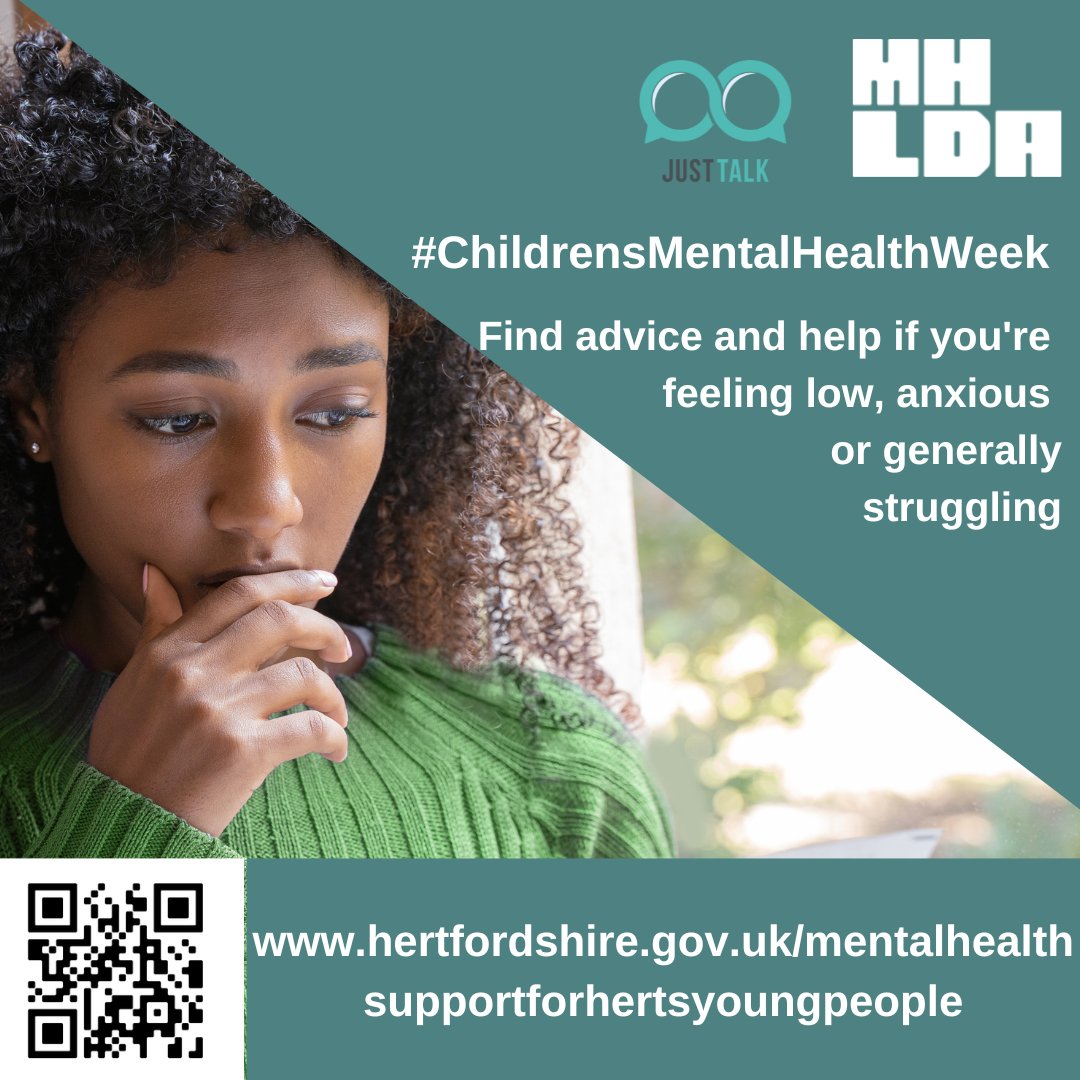 SpotSignSuicide's tweet photo. We’re proud to support
 #ChildrensMentalHealthWeek . Find free services for Hertfordshire’s young people at a glance, that don’t need a professional referral https://t.co/NpdAsvZhJy at https://t.co/I8lvYNNaNm or scan QR code https://t.co/eJuPTaowAE