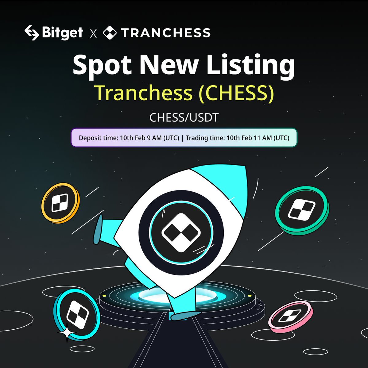 #BitgetNewListing 

🆕 #Bitget will list $CHESS/USDT on Feb 10th in Shanghai Upgrade Zone. <a href="/Tranchess/">Tranchess</a>

Participate Spot-A-Coin to share $10,000 worth of $CHESS! 

🎁 A total of $100 #giveaway for 10 ppl! Just simply RT + TAG 3 friends.

Details: bitget.com/en/support/art…
