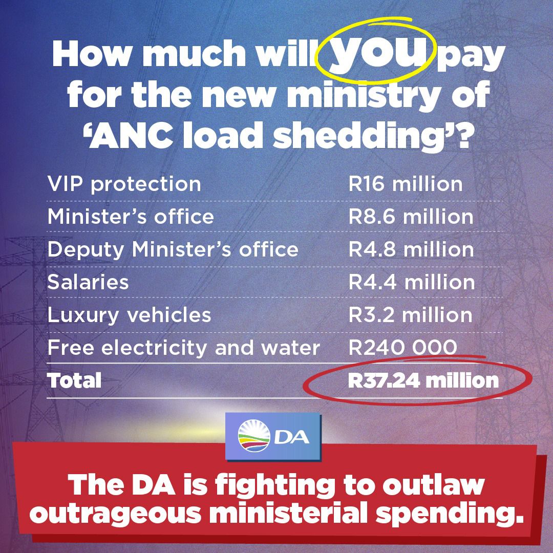 The DA rejects Ramaphosa’s abuse of the ANC-made electricity crisis as an opportunity to create more cushy jobs for useless cadres, adding at least R37 million per year to the cost that taxpayers currently bear.

❌ Minister of Electricity ❌

Read more: da.org.za/2023/02/ramaph…