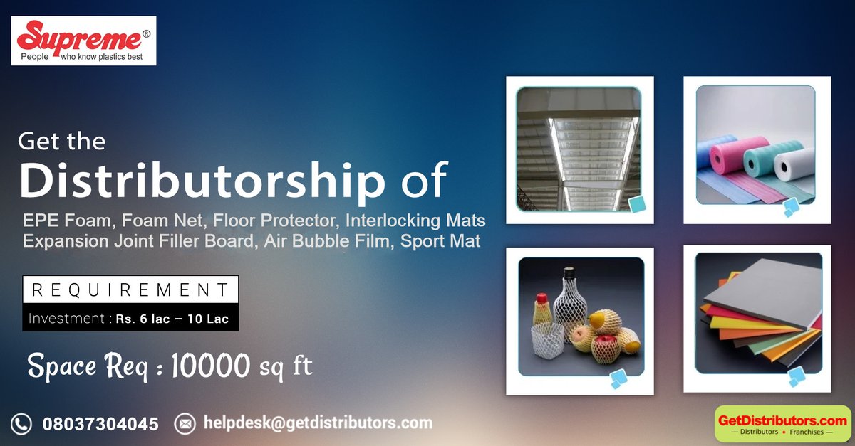 getdistributors's tweet image. Get the #distributorship of Protective Packaging Material, EPE Foam, Expansion Joint Filler Board, Foam Net, Air Bubble Film, Sports Mat, and Floor Protector.
Complete details 👉 bit.ly/32SZN9b

#PackagingMaterials #BusinessOpportunity #Dealers #Distributors #Dealership
