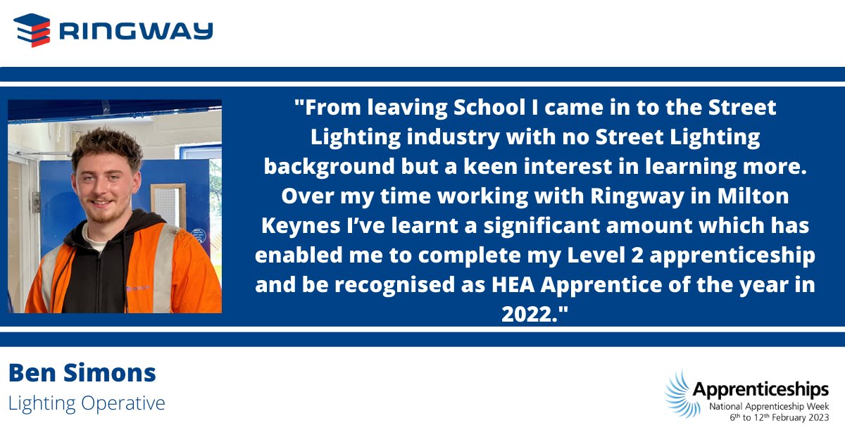 Ringway_UK's tweet photo. This #NationalApprenticeshipWeek, we are celebrating our apprentices and the amazing work they do!
We hope Ben's story inspires you to #CreateYourNextMove
#NAW2023 #SkillsForLife https://t.co/oCnxmw9Ddx