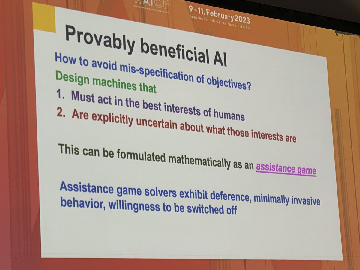CarstenKraus's tweet image. If we want to control #GeneralAI, we have to avoid controlling it with KPIs. Instead, we need to play an „Assistance Game“ (#gametheory), where the machine knows it wants to do us good, but has to find out itself how to do this best
(Summary of Stuart Russell speech on #WAICF23)