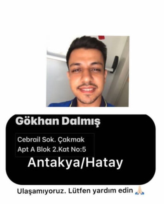 ACİL VİNÇ LAZIM EL GÜCÜYLE OLMADIĞINI YAPAMADIKLARINI SÖYLEDİLER .

05320694682

YARDIM BEKLİYORLAR LÜTFEN..

Gökhan Dalmış
Hakan Dalmış
Hayriye Dalmış
Latife Acar
Bekir Dalmış
Arzu Dalmış
Cebrail sk Çakmak apt. A blok k:2 no:5

@DepremDairesi @PincTivi @BabalaTv