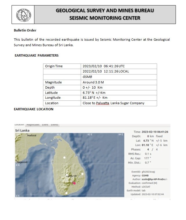 dmc_lk's tweet photo. Slight Earthquake @ Buttala Area

A slight #Earthquake of magnitude 3.0 has been reported in the vicinity of #Buttala #Pelawatta Sugar Factory.
No damage was reported due to this earthquake. The Disaster Management Center advises the public not to panic.

#DMCSriLanka
Call 117 https://t.co/o23ridVxIv