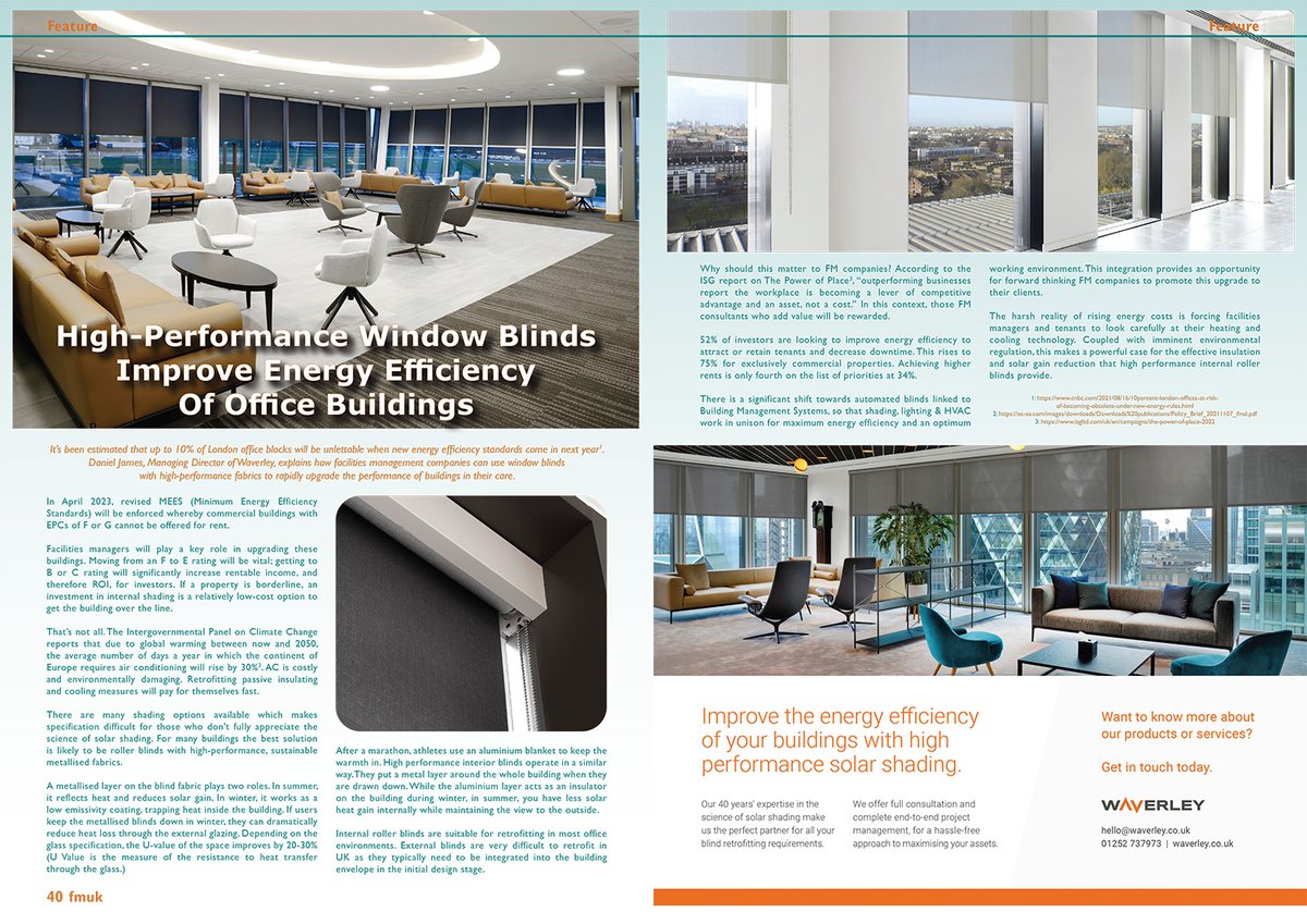 In the Feb issue of FMUK: High-Performance Window Blinds Improve Energy Efficiency Of Office Buildings

By Daniel James, Managing Director of Waverley.

➡️fmuk-online.co.uk/features/3760
<a href="/waverleyuk/">Waverley</a> 
#facman #FacilitiesMgmt #buildings #performance #windowblinds #energyefficiency #office