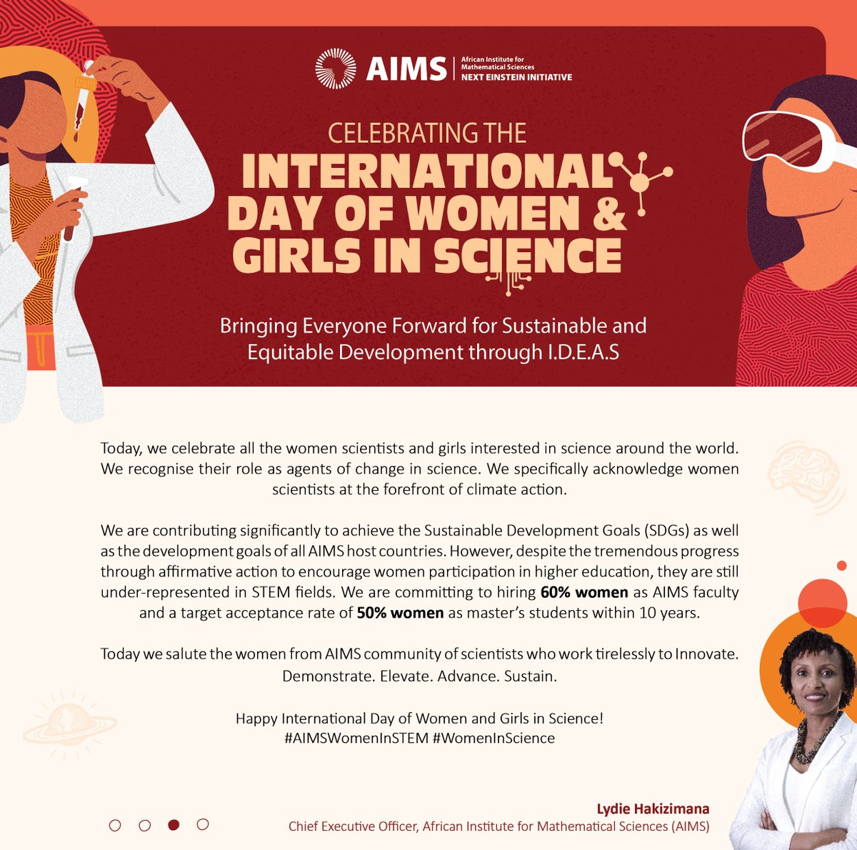 AIMS__Network's tweet photo. It's the International Day of Girls and Women in Science! Today, we celebrate all the women scientists and girls interested in science around the world.. We specifically acknowledge women scientists at the forefront of climate action. #AIMSWomenInSTEM #WomenInScience https://t.co/4EmOfWzEvC