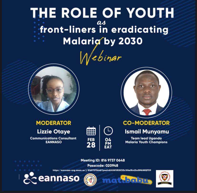 🔔 webinar 🔔 

Let's talk about #malaria! 

The Role of #youth as front-liners in eradicating malaria by 2030

Join us for our UPCOMING WEBINAR for an in-depth discussion

📆 TUESDAY, 28th February 2023
⏰ 16:00 hours EAT