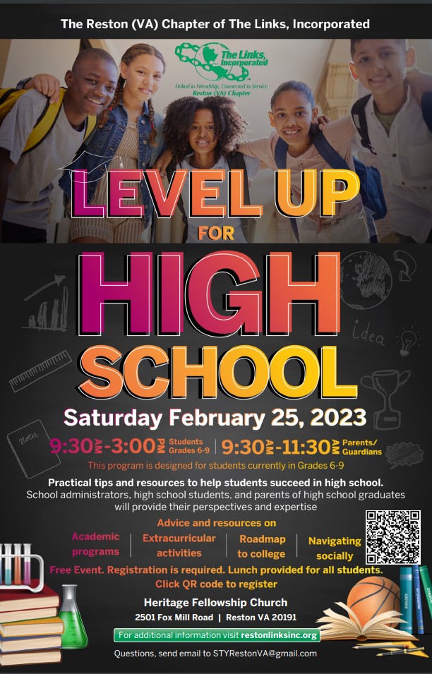 Level Up for High School is a unique dual track program for middle school students and their parents.  Join us February 25 at 9:30 a.m. at Heritage Fellowship Church for a deep dive on the issues that surface when rising from middle school to high school.  #restonlinks