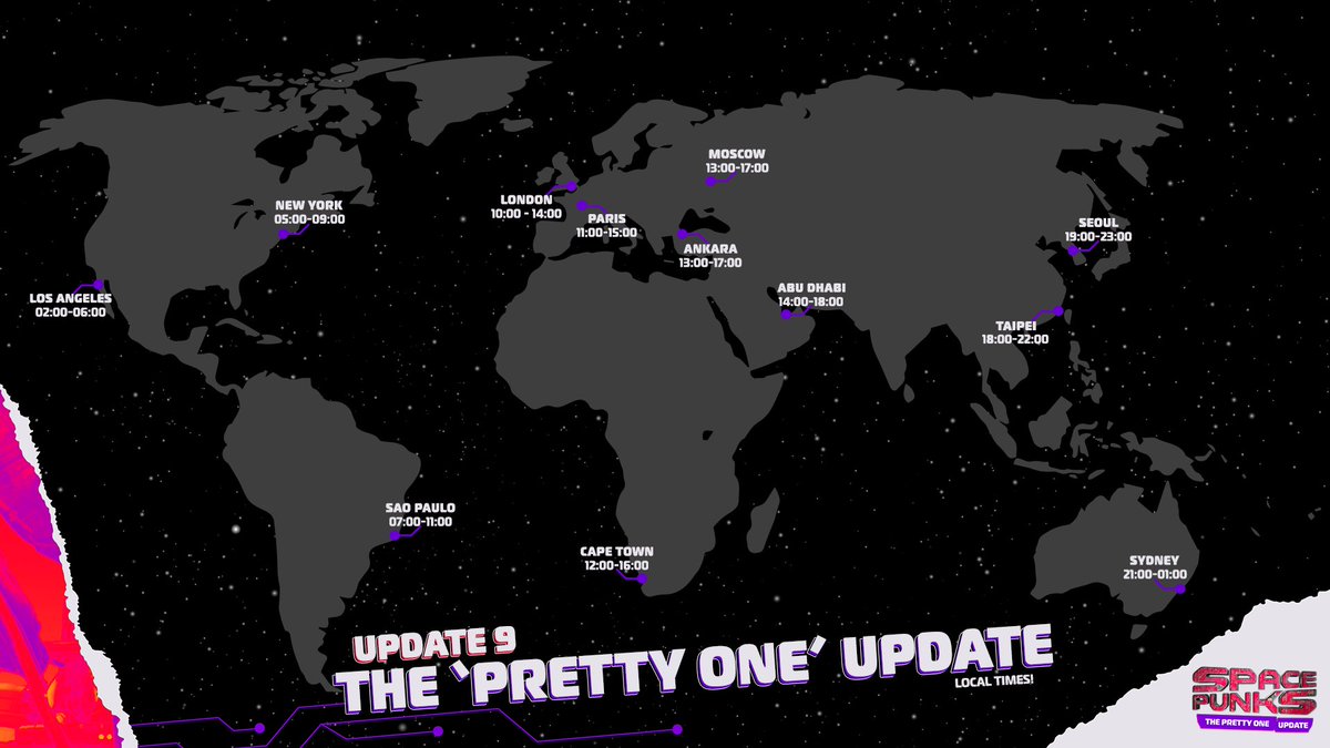 🚨 Hey, Pathfinders! We have a nice Valentine's Day surprise for you! The #SpacePunks servers will be offline between 10:00 and 14:00 BST Tuesday, 14/02, to deploy Update 9: The Pretty One. 

⬇️Check the image below for times in your region!