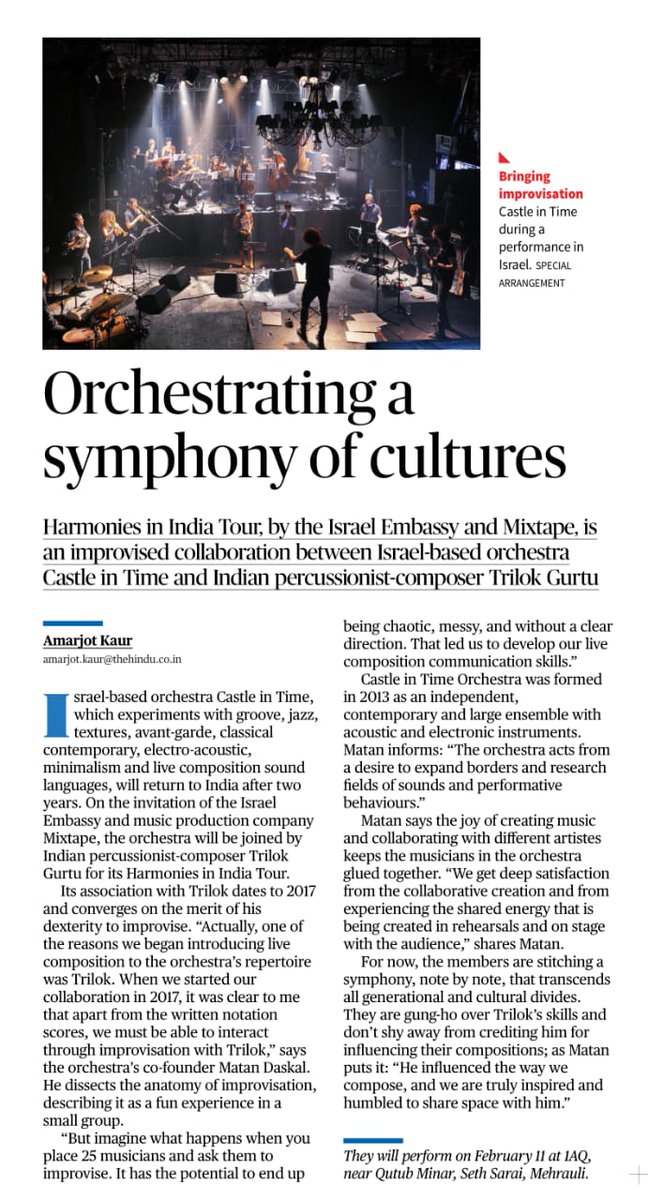 IsraelinIndia's tweet photo. Read about Harmonies in Time tour in 🇮🇳 - a special collaboration between #India's renowned #music maestro Trilok Gurtu &amp; #Israel-based orchestra Castle in Time! 🇮🇱🎼🇮🇳

This special performance will be at ⬇️
📍 1AQ, Mehrauli
🗓️ 11 Feb @ 7 PM

For tickets: https://t.co/ok2ZCjhrg1 https://t.co/CHVu3wR2q7
