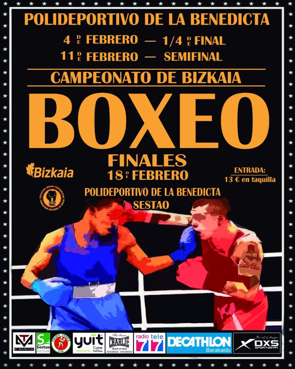 Este Sábado !!!!🥊🥊🥊

Semifinales del CAMPEONATO DE BIZKAIA

🥊 Polideportivo de la Benedicta, Sestao.

🥊A las 17:00 horas.

🥊 14 combates de semifinal.

Entrada 13€.

⚠️ AVISO⚠️ aparcamiento🚙 muy limitado. 
Se recomienda al público asistente el uso de transporte público.