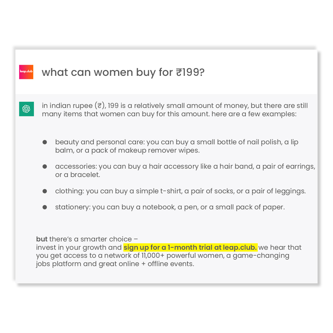 we asked chatgpt what we could buy for ₹199, and we have thoughts about what it said!

ladies, the choice is yours.

leap.club🚀