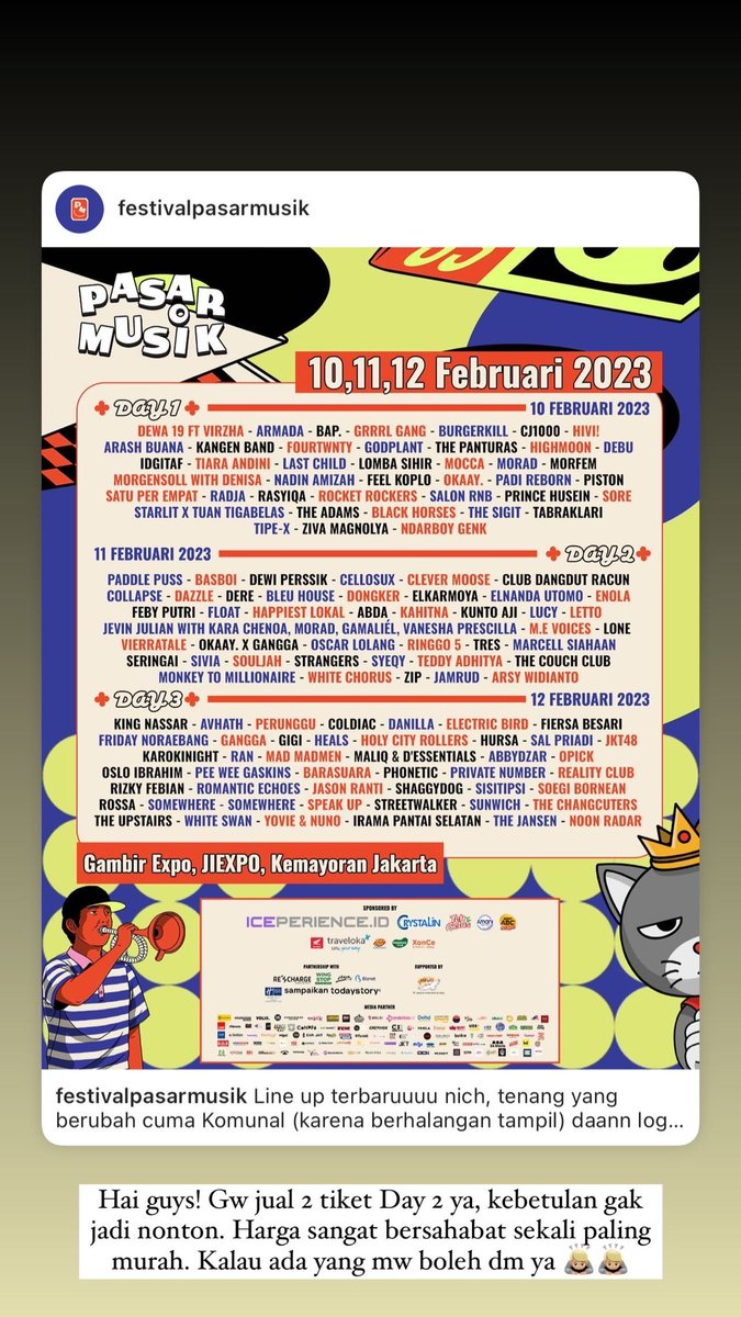 Guys! Gw jual 2 tiket buat Day 2 ya, klw ada yang mau bisa DM. Harga bersahabat, pindah tangannya juga ga ribet 🙇🏼