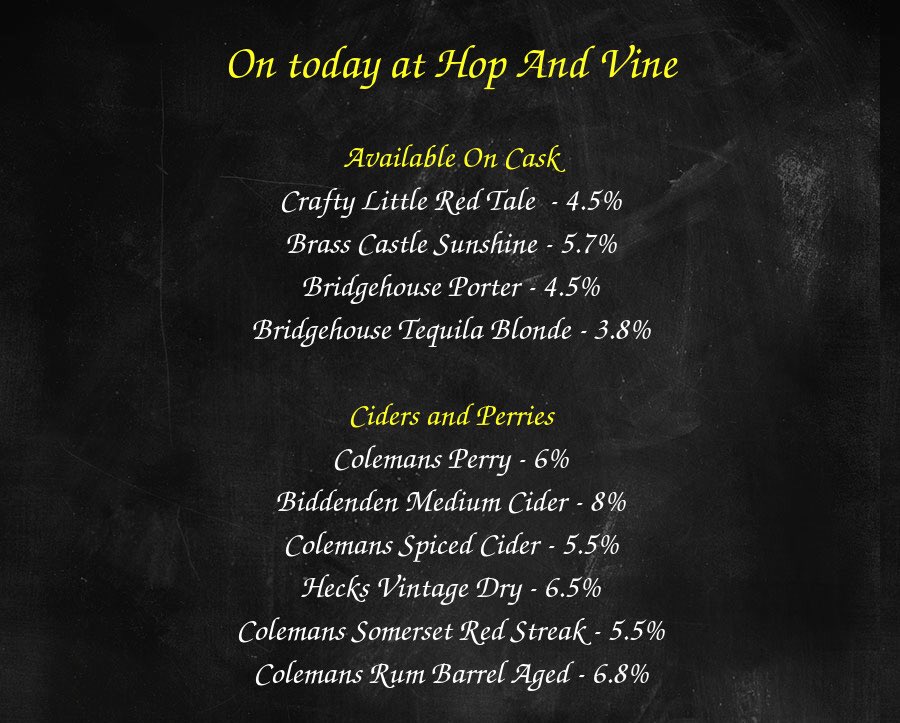 Hop and Vine, Hull (@tonyatthehop) on Twitter photo On the bar today at the Hop and Vine!
Beer Board: goo.gl/2RZNU6
<a href="/CraftyLilBrew/">CraftyLittleBrewery</a> <a href="/BrassCastleBeer/">Brass Castle Brewery</a> <a href="/BBrewery/">Bridgehouse Brewery</a> @colemanscider <a href="/BiddendenVine/">Biddenden Vineyards</a> <a href="/HecksCider/">Hecks Cider</a>
#RealAleFinder On the bar today at the Hop and Vine!
Beer Board: goo.gl/2RZNU6
<a href="/CraftyLilBrew/">CraftyLittleBrewery</a> <a href="/BrassCastleBeer/">Brass Castle Brewery</a> <a href="/BBrewery/">Bridgehouse Brewery</a> @colemanscider <a href="/BiddendenVine/">Biddenden Vineyards</a> <a href="/HecksCider/">Hecks Cider</a>
#RealAleFinder