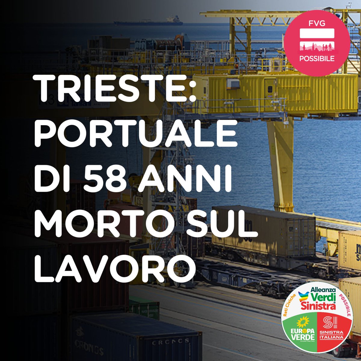 Un portuale di 58 anni, Paolo Borselli, è morto mentre stava lavorando all'interno dello scalo di Trieste.
L'incidente è avvenuto nel pomeriggio di ieri, giovedì 9 febbraio.

Immediato lo sciopero dei lavoratori portuali proclamato dai sindacati.
Basta morti sul lavoro!