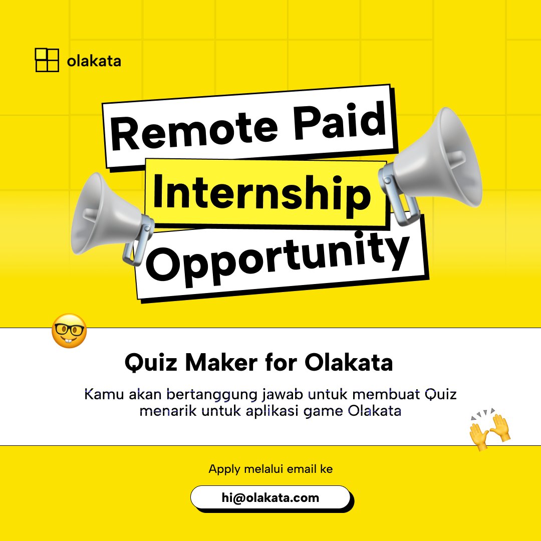 OlakataGame's tweet photo. 📌We are Hiring! Quiz Maker for Olakata🎮
#InfoMagang #InfoInternship #InfoLoker #MagangWFH #MagangMahasiswa #MagangOnline #InfoMahasiswa #InfoLokerIndonesia #LokerIndonesia #Loker #Magang #LowonganKerja #LokerBaru #Lowongan #KerjaOnline #MagangUpdate #LokerUpdate #LokerTerbaru https://t.co/HgMHIFqE5a