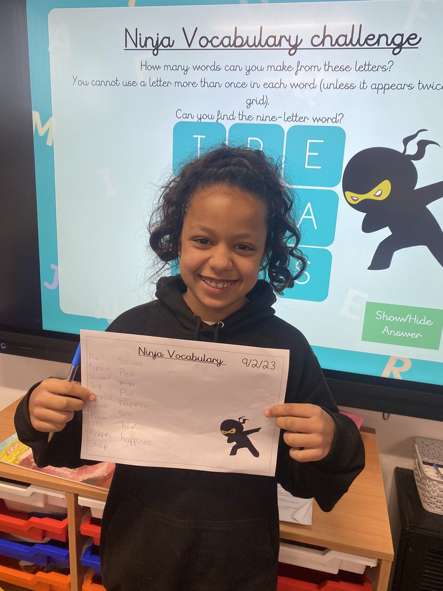portmeadp's tweet photo. Y5/6 love our Ninja vocabulary challenge on a Friday morning. J was the first pupil to work out the 9 letter word this morning. Can you work it out? Let us know. #pmdp56 #pmdpllc https://t.co/Y4SyxXGn9H