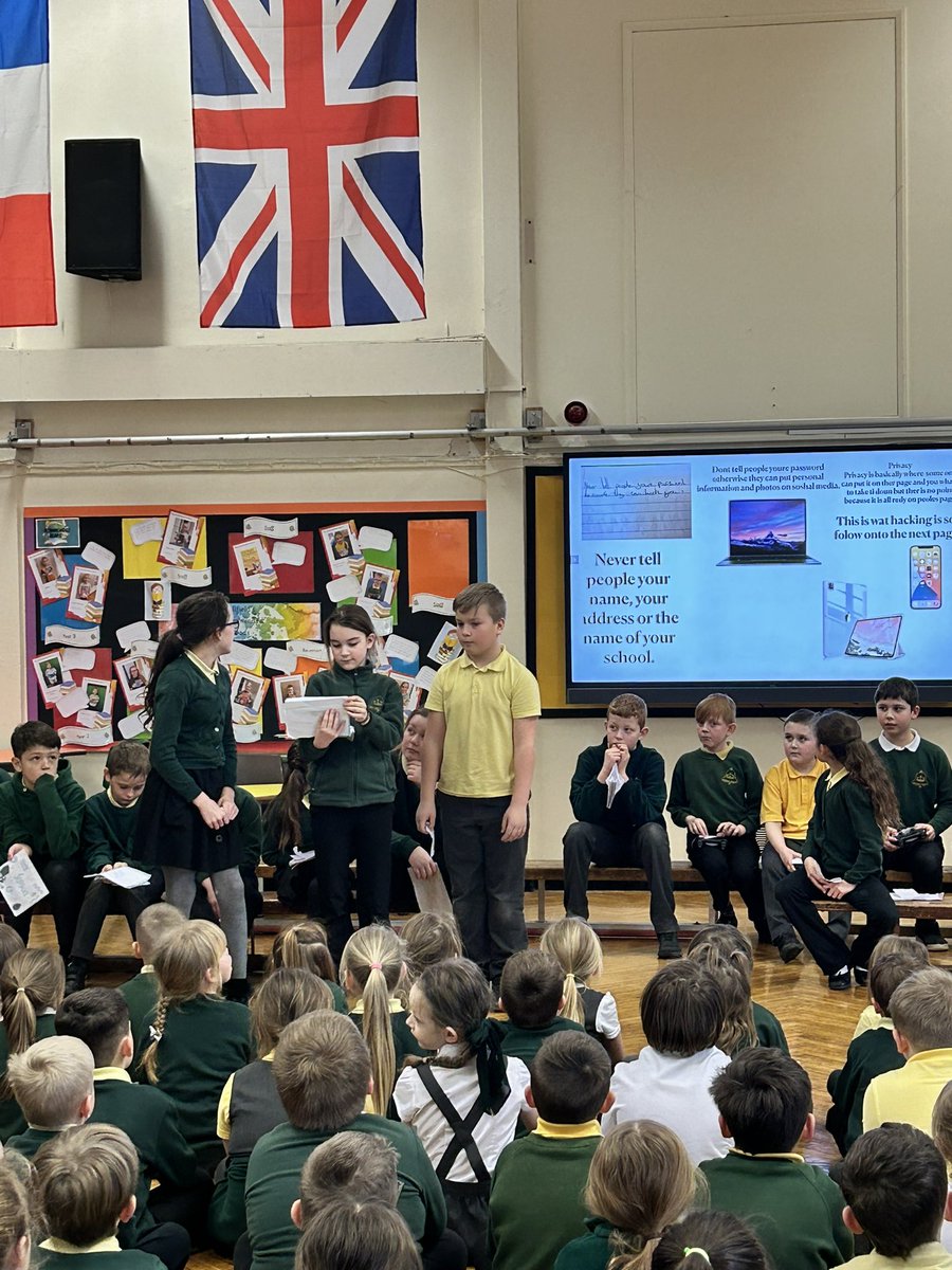 BellfieldPS's tweet photo. Yesterday, Class 5 delivered an amazing assembly to inform the school all about e-safety #BellfieldComputing #SaferInternetDay2023 https://t.co/3JVuoyn2aM