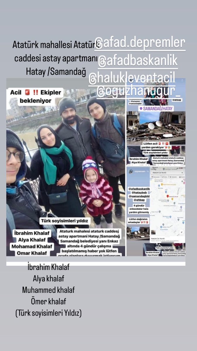 Dört gündüz haber alamıyoruz. <a href="/AFADBaskanlik/">AFAD</a> <a href="/DepremDairesi/">AFAD Deprem</a> <a href="/samandagbel/">Samandağ Belediyesi</a> <a href="/OguzhanUgur/">Oğuzhan Uğur</a> <a href="/haluklevent/">Haluk Levent ( Ahbap Ekibi )</a> <a href="/nisanhakan/">nisan hakan</a> <a href="/cokkonusurumki/">ŞALINA MÜNHASIR</a>