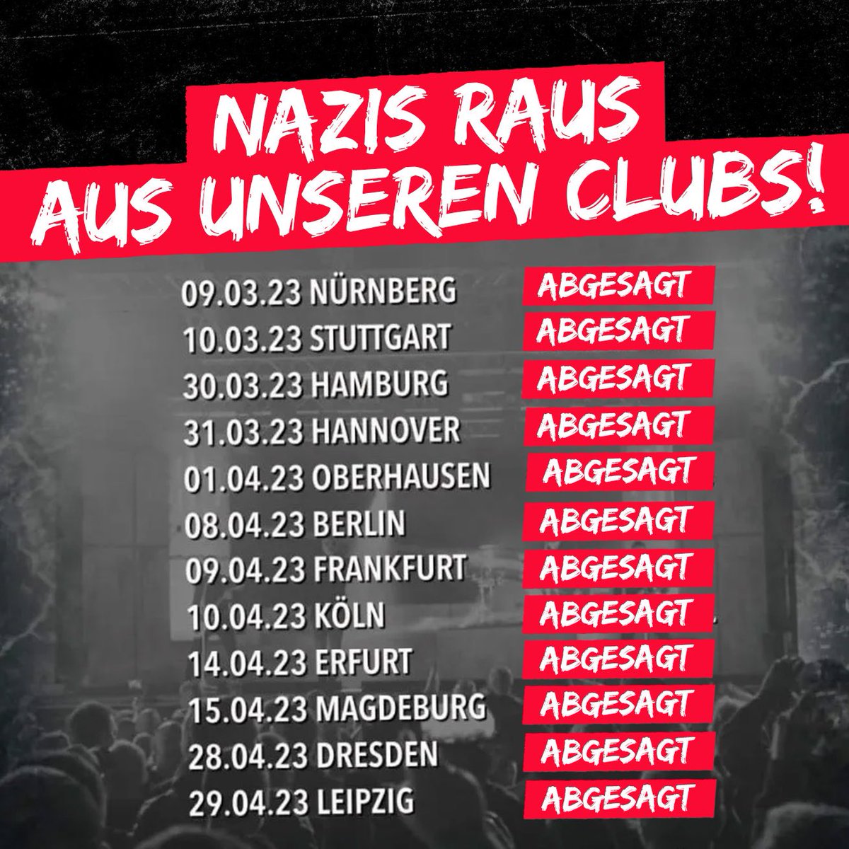 KeinBockAufNazi's tweet photo. Und tschüss #Weimar! 
Spotify-Account gelöscht✅
Vom Label geflogen✅
Onlineshop geschlossen✅
Booking Agentur hat gekündigt✅
Tour gecancelt ✅ https://t.co/9sSeRGoimI