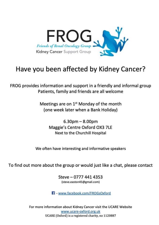 UCAREoxford's tweet photo. ￼Kidney cancer Awareness week - if you’ve been diagnosed ask about patient groups in your area
FROG is a kidney cancer support group based in Oxford 
Hosting interesting &amp; informative speakers with the latest information on therapies &amp; treatments to practical advice &amp; support https://t.co/tsahvosNrU