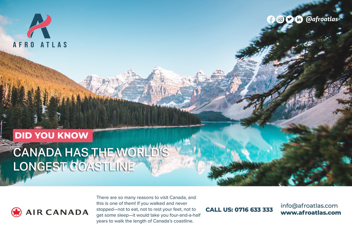 AfroAtlasTravel's tweet photo. The world's longest coastline... #Canada has it.
#Afroatlas #exploreyukon #heartsofcanada #mustvisit #onlinebookings #flights #trips
#funfactfriday https://t.co/YCeRZMPeGV