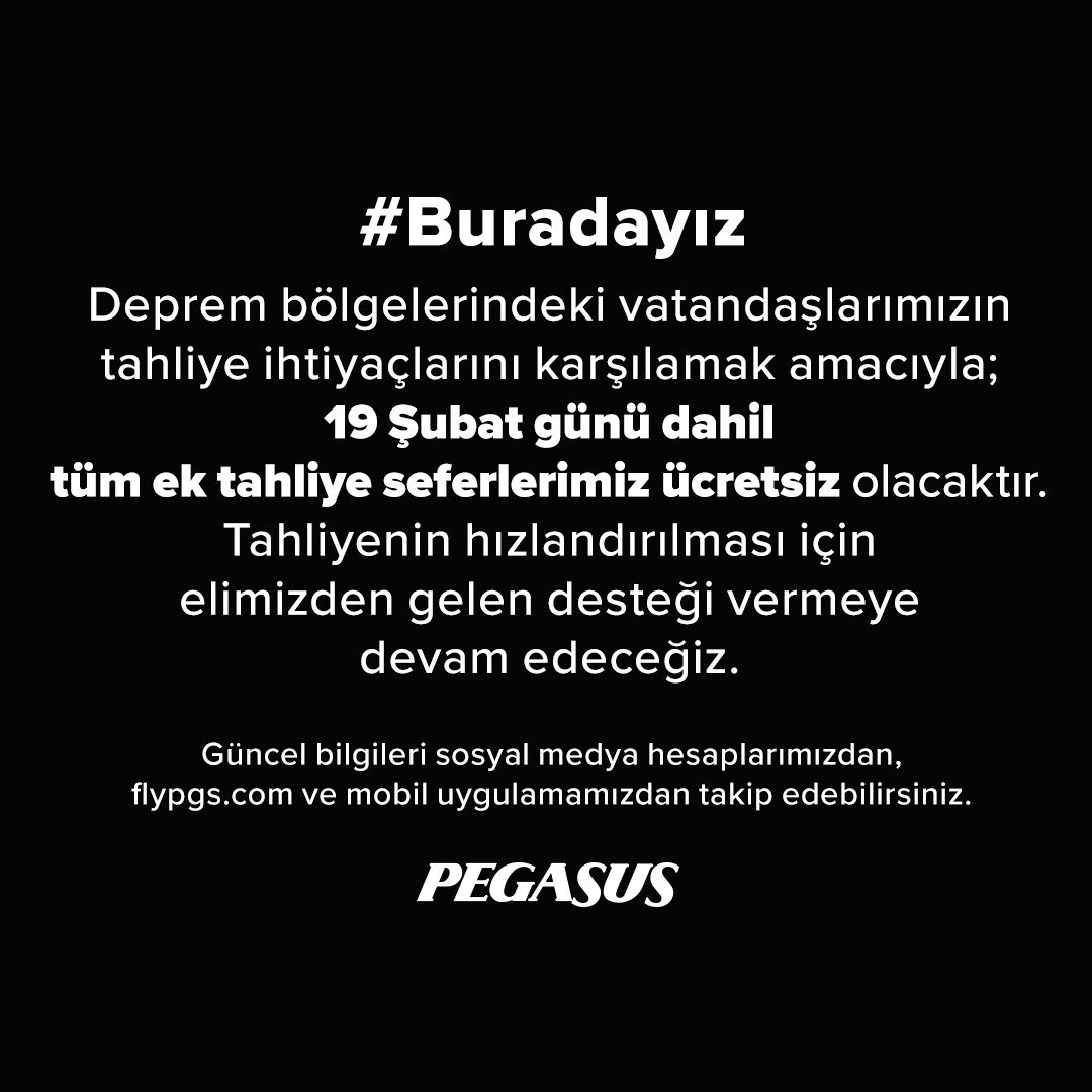 ucurbenipegasus's tweet photo. Deprem bölgelerindeki vatandaşlarımızın tahliye ihtiyaçlarını karşılamak amacıyla, 19 şubat dahil tüm ek tahliye seferlerimiz ücretsiz olacaktır. Tahliyenin hızlandırılması için elimizden gelen desteği vermeye devam edeceğiz. https://t.co/Ajw1unsw1Y