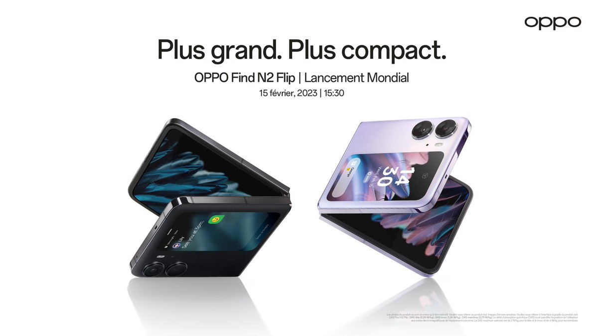 OPPOFrance's tweet photo. Plus grand. Plus compact. 

Rendez-vous le 15 février 2023.

👉https://t.co/RyUdqR2Y5x
#OPPOFindN2Flip
#SeeMoreInASnap
#InvisibleCrease https://t.co/FHIeypcyaR