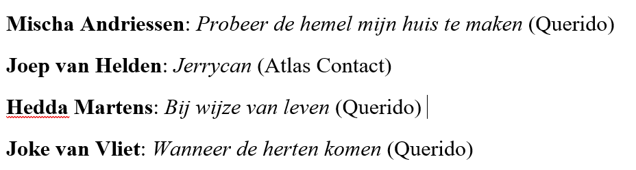 biesheuvelprijs's tweet photo. Shortlist! Mischa Andriessen, Joep van Helden, Hedda Martens en 
Joke van Vliet zijn genomineerd voor de Biesheuvelprijs 2023. Winnaar op 19/2. Intussen kan hier het prijzengeld verder worden verhoogd: https://t.co/ZwpH42KQoh https://t.co/5O21yq3nqg