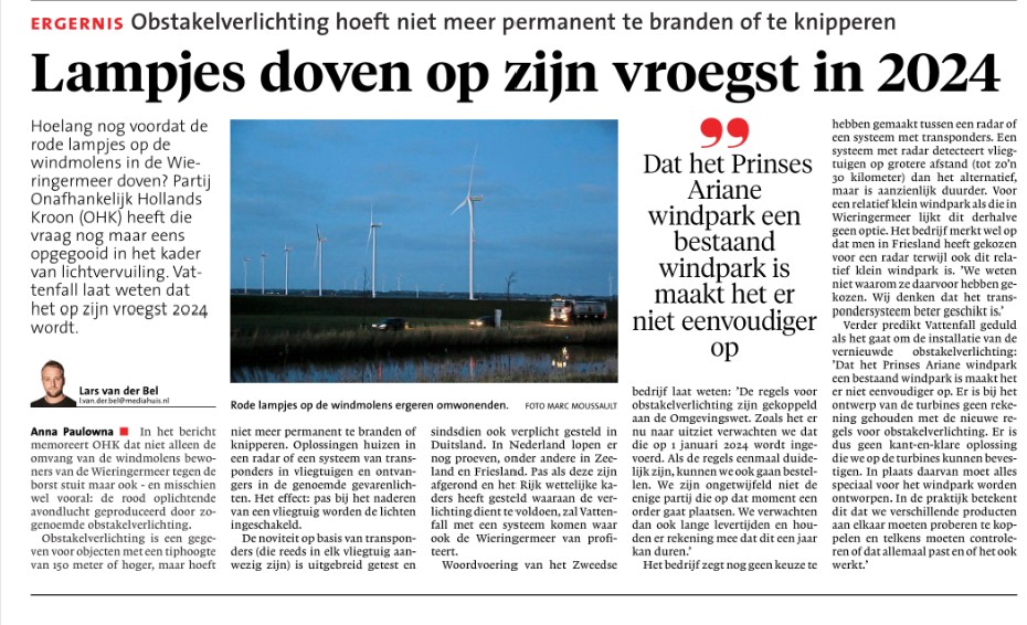 Vattenfall treuzelt met de invoering van detectiesystemen voor obstakelverlichting van windturbines. Zij en andere exploitanten nemen niet hun maatschappelijke verantwoording om al initiatieven te ontplooien om deze uit te schakelen. Vele anderen gingen hun al voor.