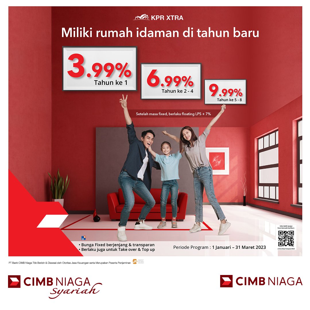 CIMBNiaga's tweet photo. Saatnya miliki rumah idaman di tahun baru!โจ
Nikmati bunga spesial fixed berjenjang dan transparan selama 8 tahun dari KPR XTRA!๐
Periode: 1 Januari โ 31 Maret 2023
Info lebih lanjut: https://t.co/QOlyplv5wX
#CIMBNiaga
#KPRXTRA
#PromoNewYear https://t.co/NU8XOdr4cs
