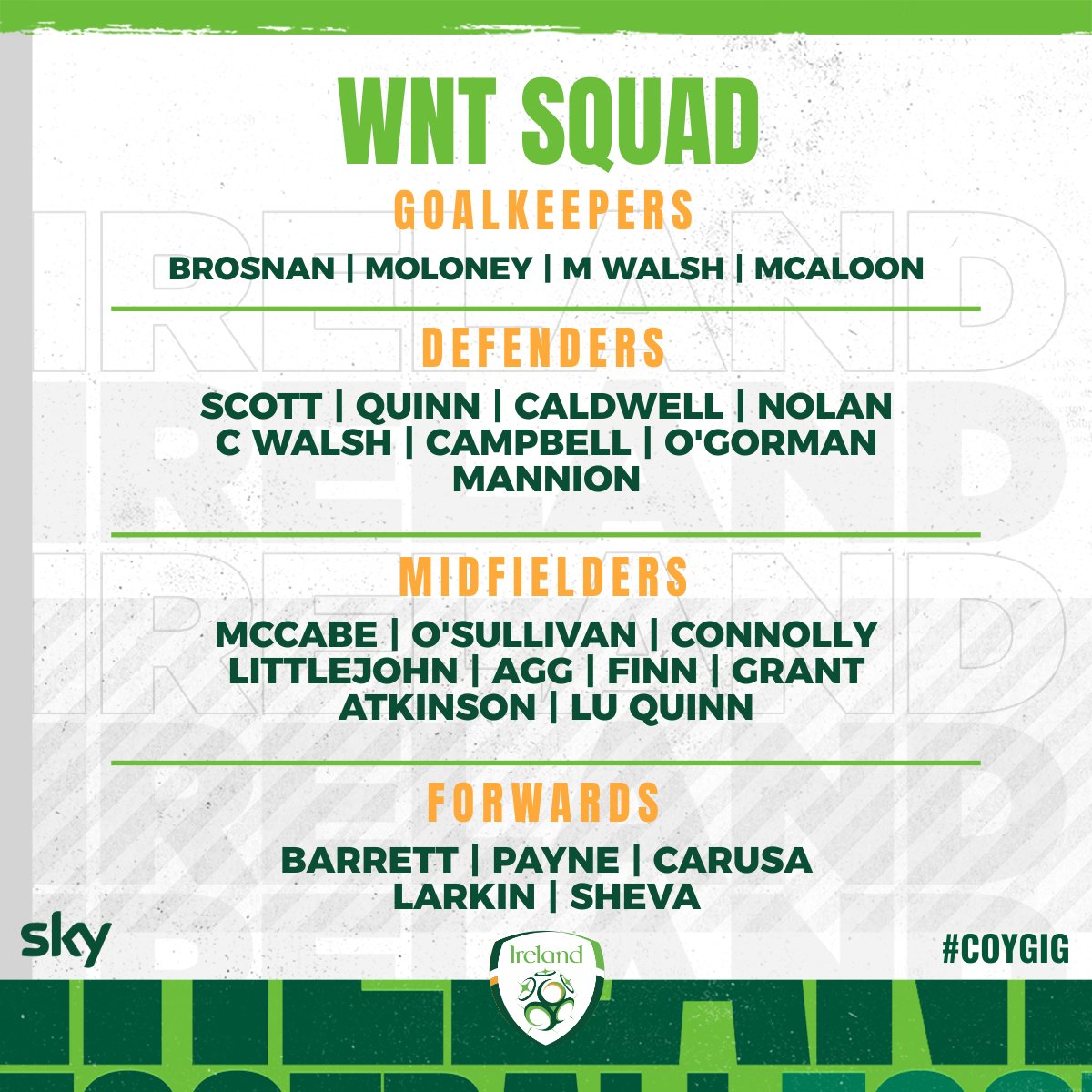 WNT Squad confirmed for #CHNIRL &amp; February Training Camp ☘️

🇨🇳 v 🇮🇪
🗓️ | Wednesday, February 22
⏰ | KO 14:00 (13:00 Irish Time)
📍 | Estadio Nuevo Mirador, Cadiz
💻 | Broadcast details to follow

#COYGIG