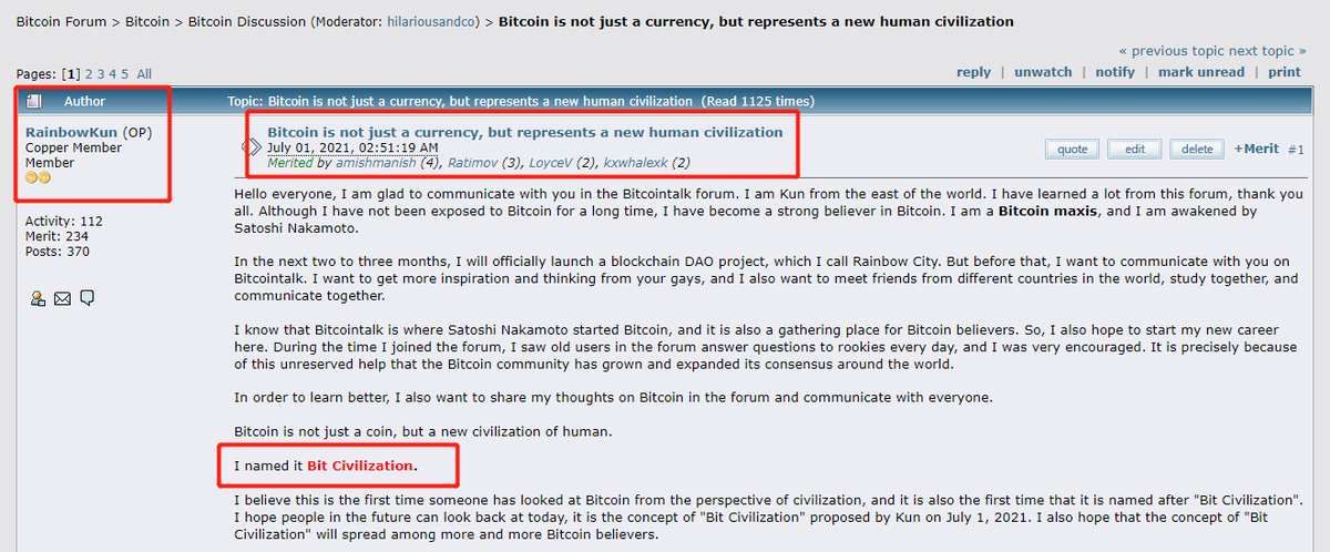 BitcivKun's tweet photo. [8]我认为去中心化社会的概念还应得到拓展和升华。Web3代表的不仅仅是一个去中心化社会，它代表的应是一个蓬勃发展的去中心化文明，一个建立在数学和算法基石之上的高级文明，它代表了全人类的解放和自由。我将其称为“比特文明”，这是我2021年化名“RainbowKun”在中本聪比特币论坛上提出的概念。 https://t.co/8CDnDjxMZl