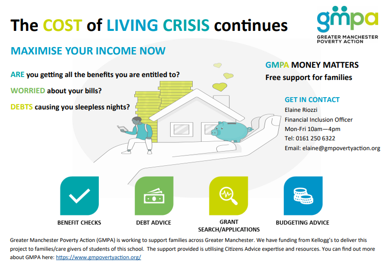 BroadoakSch's tweet photo. Fantastic to have a representative from GMPM with us last night during our option evening for Year 9. Who gave some valuable advice on maximising income during the cost of living crisis. @GMPovertyAction  #BOS_Advice Please see the poster for future information. https://t.co/r3pCE4vu5i