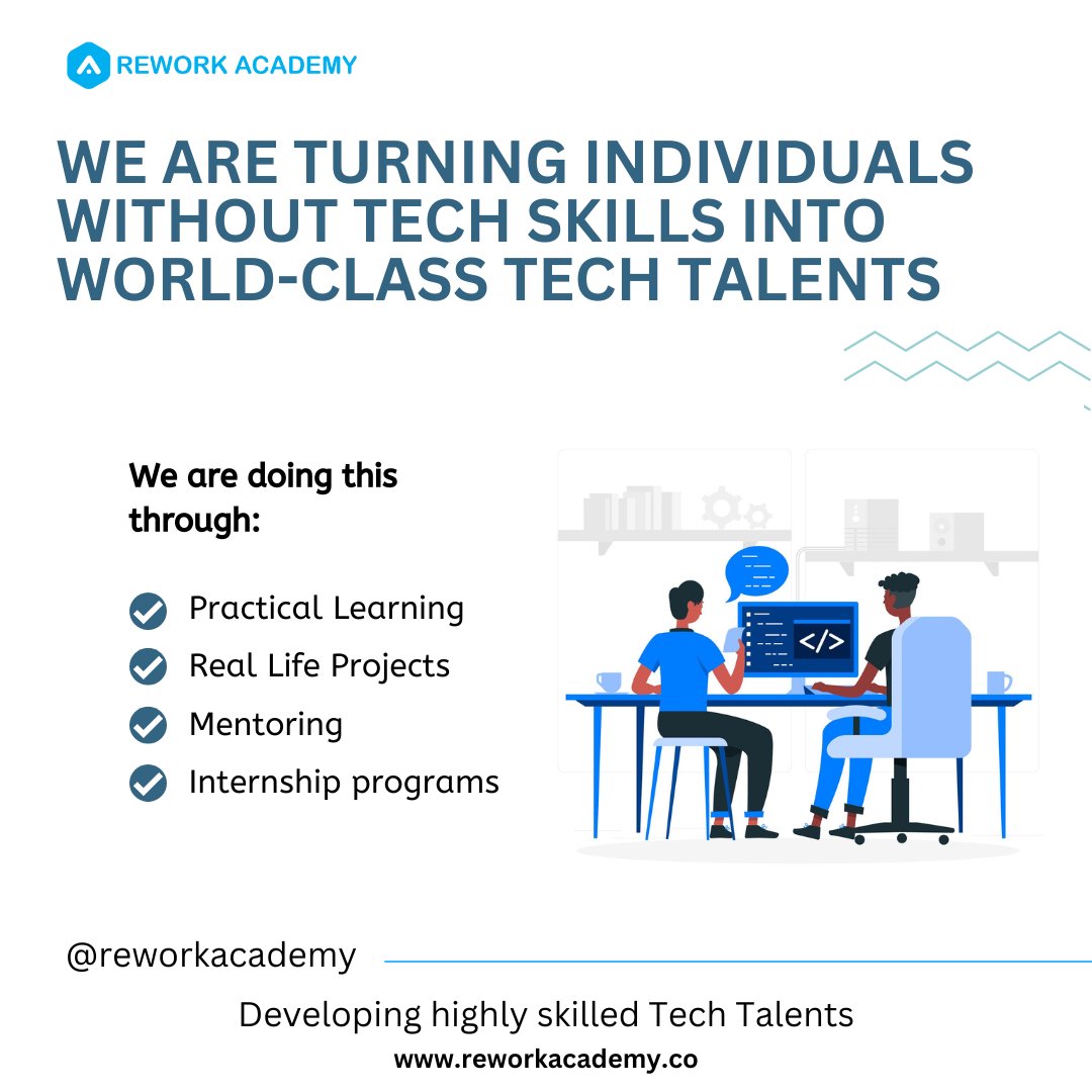 ReworkAcademy's tweet photo. Meet The Academy Developing Tech Talents
Industry Focused Curriculum
Skilled & Experienced Trainers
Hands on Training
Mentorship
Internship
https://t.co/m4rAMW1VIy
#Reworkacademy
#fullstackdeveloper
#techtalent https://t.co/PwGIIE0ASi