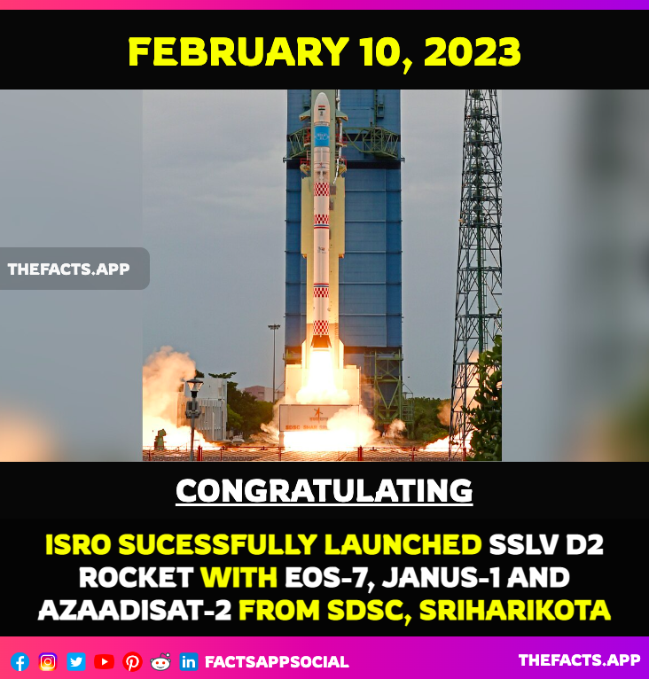 factsappsocial's tweet photo. 🇮🇳Congratulations, #ISRO 🇮🇳 sucessfully launched #SSLVD2 Rocket from Satish Dhawan Space Centre at #Sriharikota to put three satellites #EOS07, #Janus1 & #AzaadiSAT2 satellites into a 450 km circular orbit. Please Like,Follow and Retweet. #India @isro #SDSC https://t.co/i11IZ0Elpu