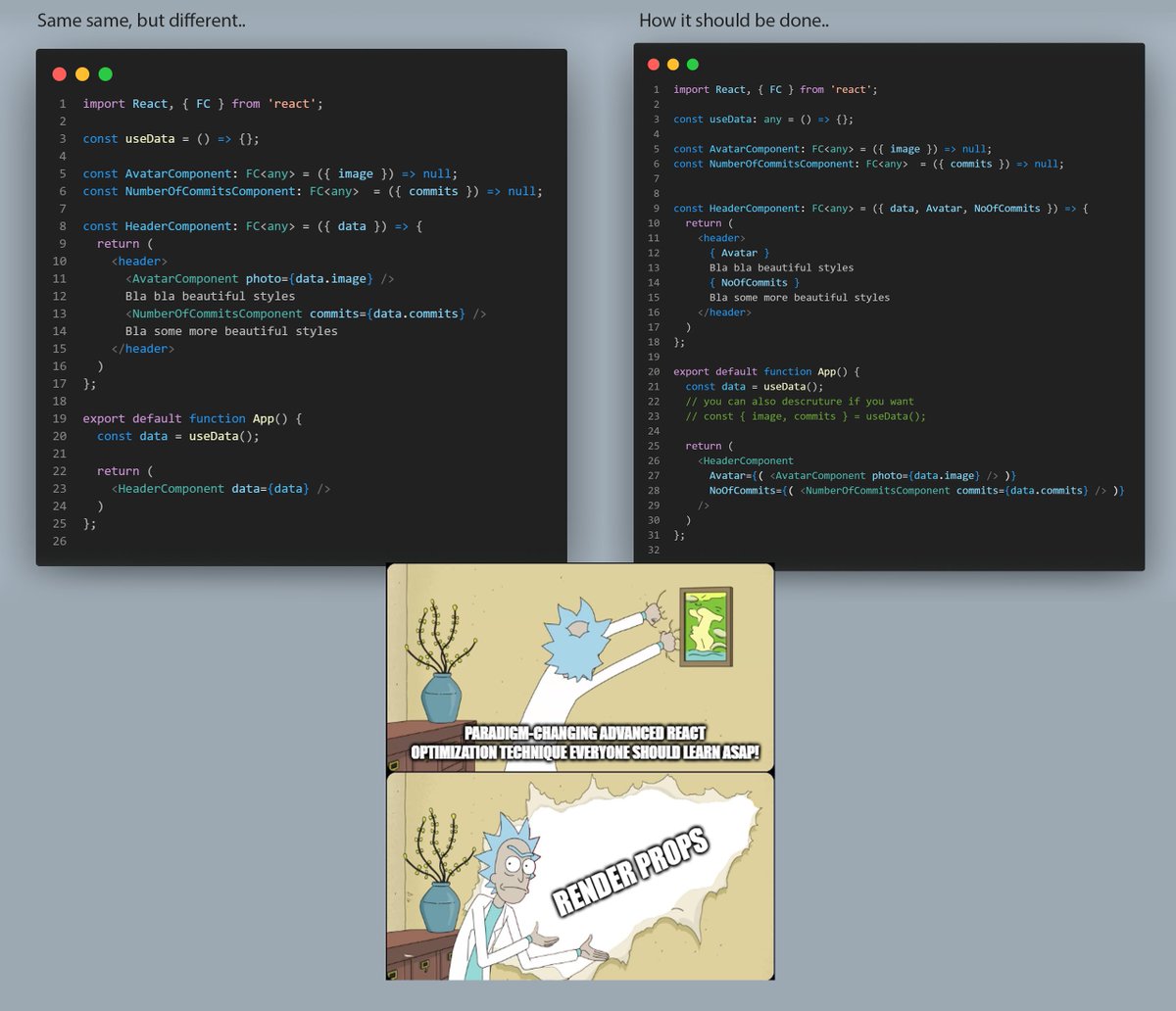 JediMewtwo's tweet photo. @dan_abramov Good effort, bad implementation. In the real world, you rarely get the luxury of having singular or multiple components present on the children of the root component. GG but mine's better ;) https://t.co/dDrlGETn3T