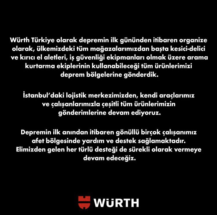 adpor_n's tweet photo. Würth Türkiye elindeki tüm ürünlerini ve imkanlarını, depolarındaki tüm ürünleri ilk günden bu yana deprem bölgesine iletiyor, teşekkürler @wurth_tr ! https://t.co/HVku147jzE