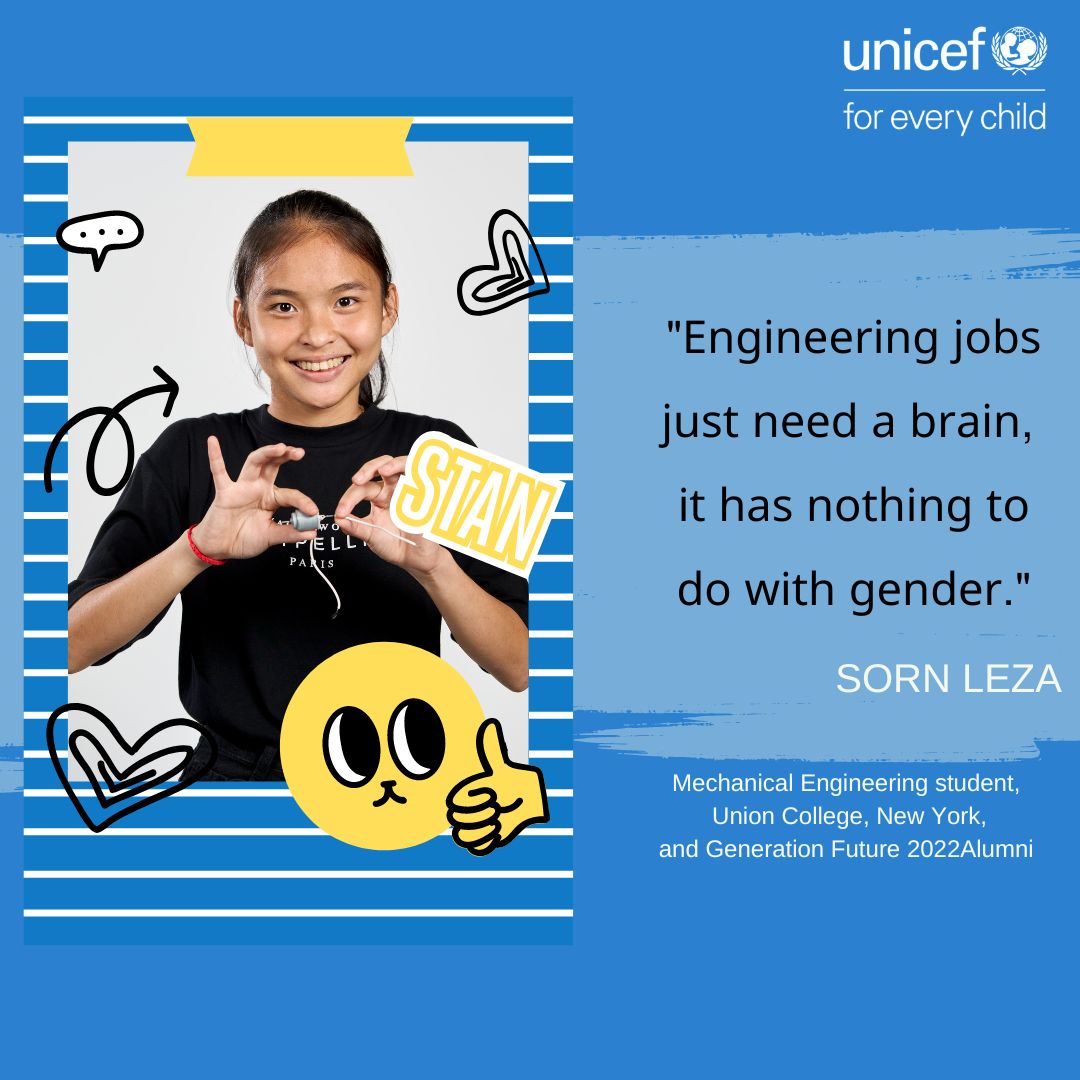 UNICEFCambodia's tweet photo. Leza, one of our #GenerationFuture2022 leaders, is tackling gender stereotypes w/her passion for science. Leza has now made her way to Union College in New York π½ where she will undertake an undergraduate degree in mechanical engineering. https://t.co/kWHaCqKydq #GirlsInScience https://t.co/usUE1FtTCz