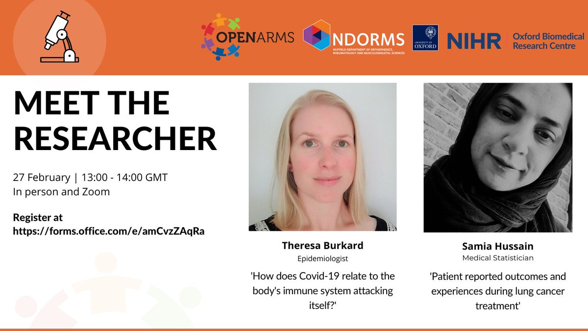 ndorms's tweet photo. Join us next week to ‘Meet the researcher’! We’ll be talking about COVID-19, and patient experiences during lung cancer treatment.
🗓 Monday 27 February
⏰ 1pm
📍 @BotnarOxford and online
☕️ Come at 12.30pm for tea and coffee!
Find out more and register 👉 https://t.co/Zr52FNJOCe https://t.co/eD3m8SxQOj
