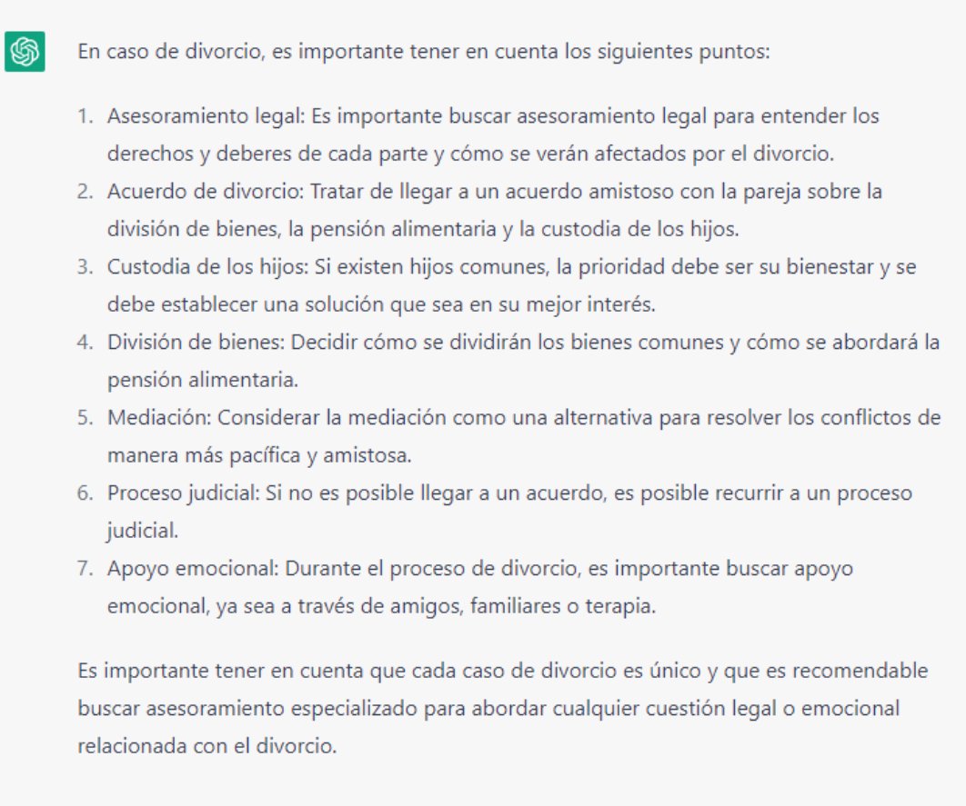 lexbcnabogados's tweet photo. Hemos preguntado a la Inteligencia Artificial @OpenAI que puntos importantes hay que tener en cuenta en el divorcio y nos sorprende la sensatez de la respuesta. ¿Qué opináis? #lexbcn #divorcio #inteligenciaartificial #chatgpt #chatbot https://t.co/FNl9VbqD65