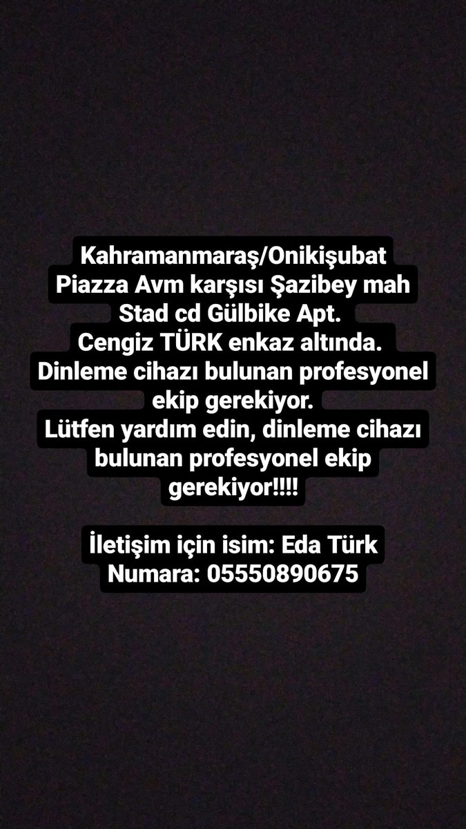 <a href="/haluklevent/">Haluk Levent ( Ahbap Ekibi )</a> <a href="/danlabilic/">.</a> 📢❗️❗️#Kahramanmaras Şazibey район Stad улица Gülbike краватира 
-Cengiz Türk под обломками не удалось добраться. Не хватает команды. (RU)
<a href="/MchsRussia/">МЧС России</a> 

Şazibey mah stad cad gülbike apt dinleme cihazı ve ekip yetersizliğinden 5 gündür insanlar enkaz altında YARDIM EDİN <a href="/BabalaTv/">BaBaLa TV</a>