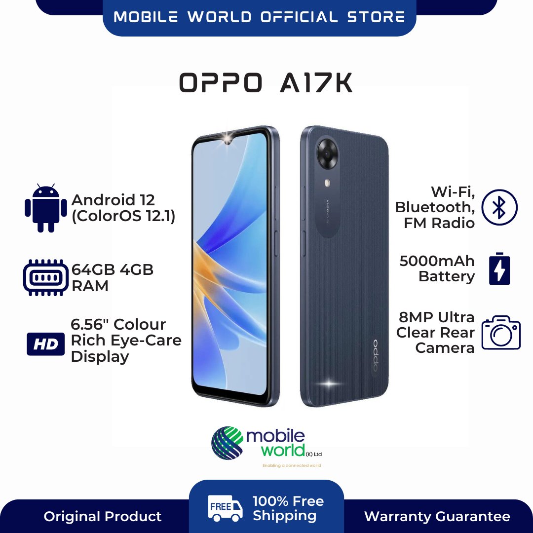 MobileWorld_Ke's tweet photo. #OppoA17K has 64GB Internal Memory &amp; 4GB RAM that supports demanding apps and reduces lag, ensuring you have a smooth experience.
Shop for the #OppoA17K on https://t.co/T6P8RSSngB

#Smartphones #Oppo #A17K #OnlineShopping #Electronics https://t.co/amiW9v14iE